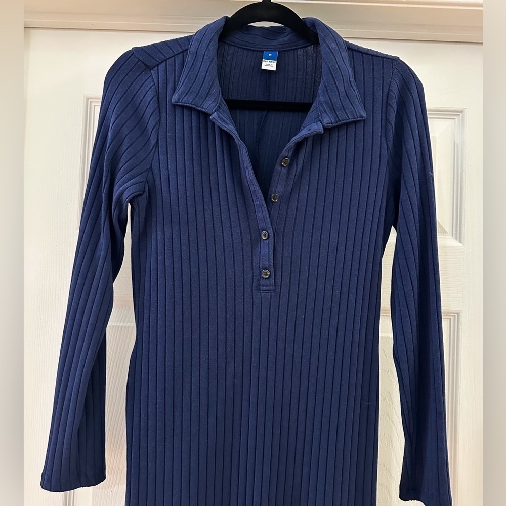Old Navy Fitted Rib Knit Tie-Belt Long Sleeve Mini Polo Dress Navy Blue sz Med - Picture 6 of 9